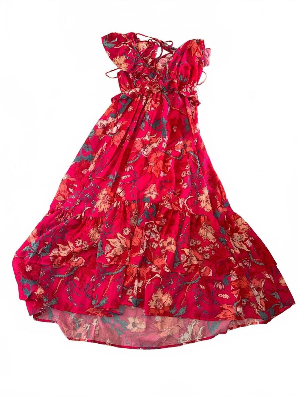 Flying Tomato red floral maxi dress with tie up detail. Size Large